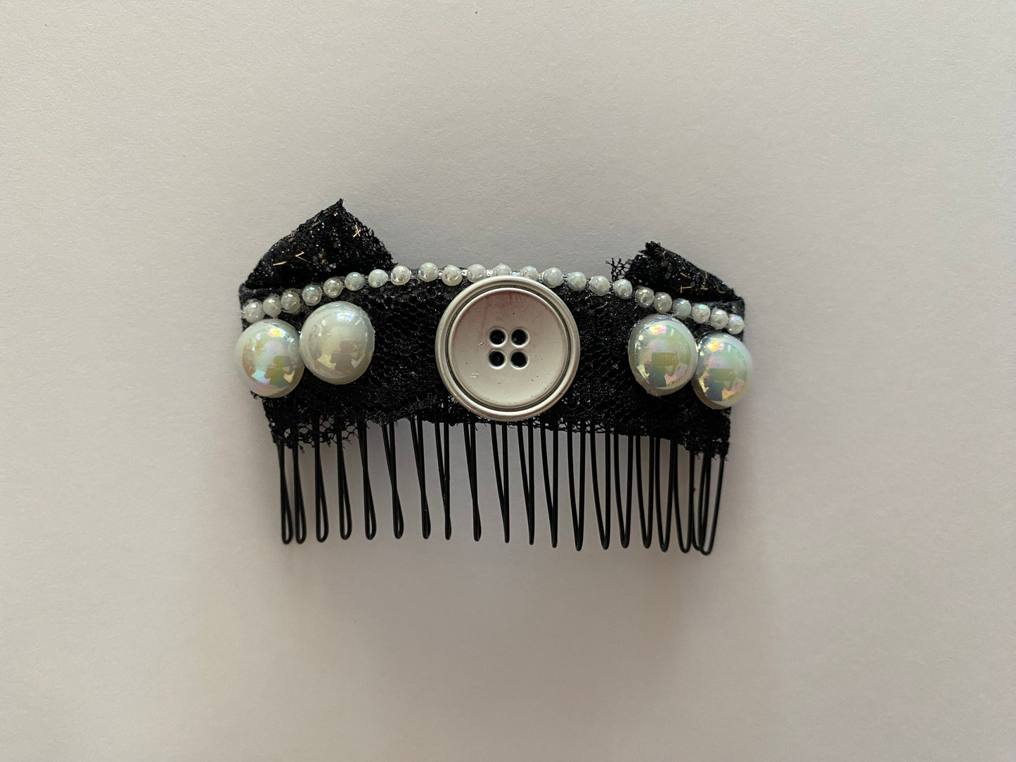 Original Festival Wear Style Black Metal Hair Clip Comb - Black and Pearl Vintage Lace