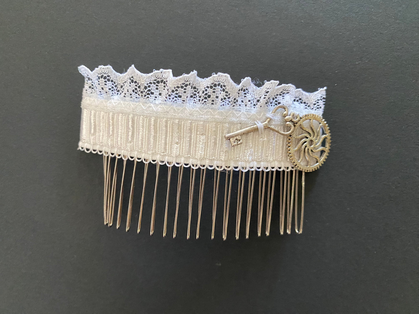 Original Festival Wear Style Silver Metal Hair Clip Comb - White Steampunk Lace