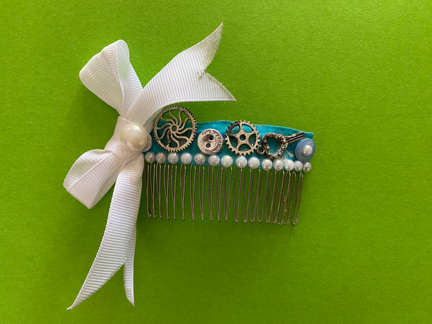 Original Festival Wear Style Silver Metal Hair Clip Combs - Steampunk Turquoise and White Pearl and Bow