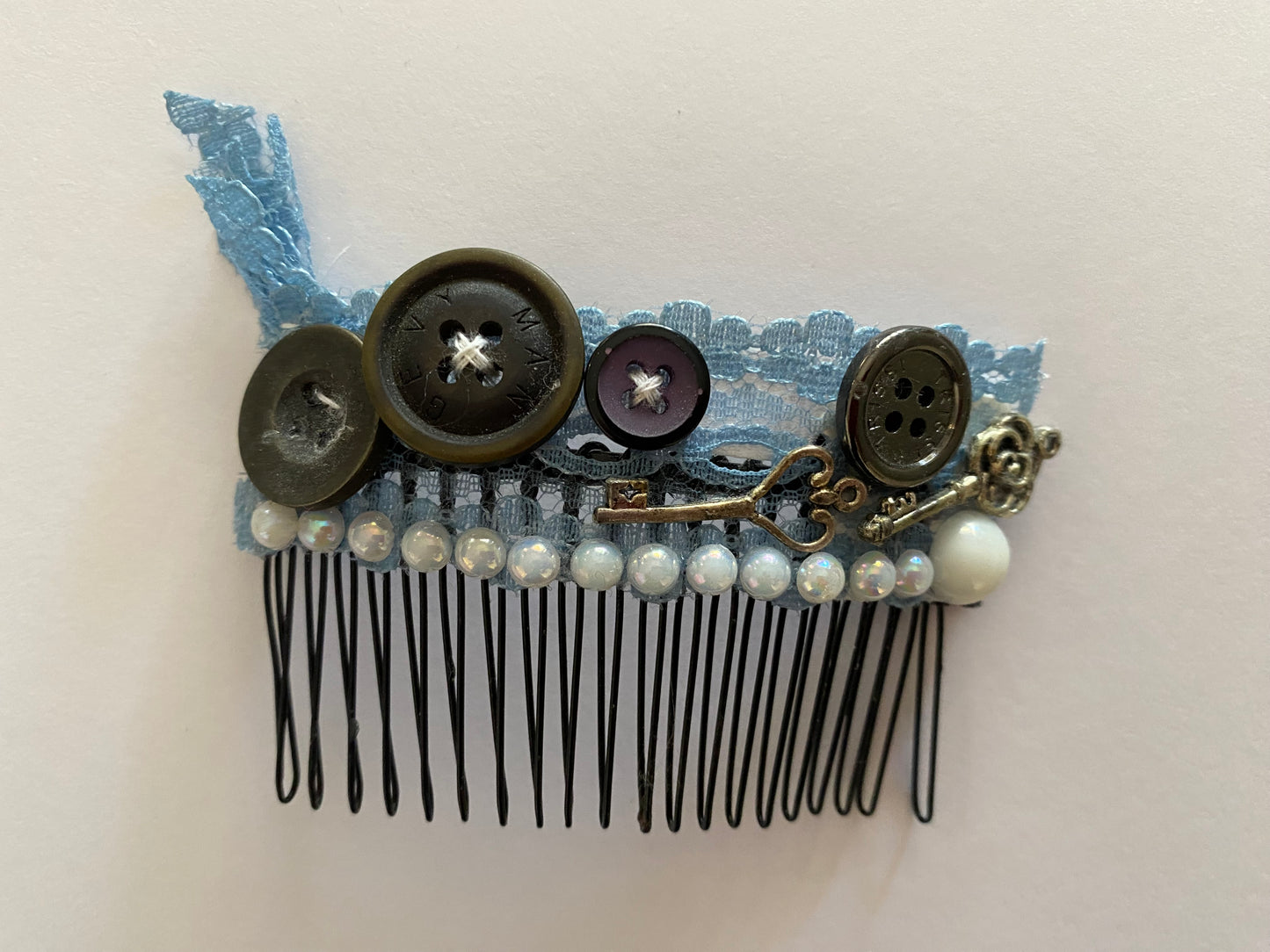 Original Festival Wear Style Black Metal Hair Clip Comb - Steel Blue Grey Steampunk Lace with Pearls