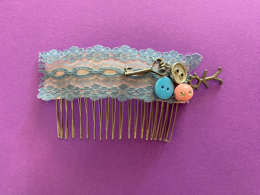 Original Festival Wear Style Silver Metal Hair Clip Comb - Pale Pink and Pale Blue Vintage Lace