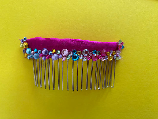 Original Festival Wear Style Silver Metal Hair Clip Comb - Hot Pink Shiny Dazzle