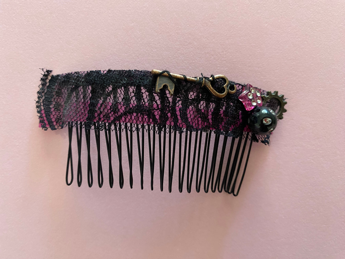 Original Festival Wear Style Black Metal Hair Clip Comb - Black Lace Hot Pink Background Steampunk