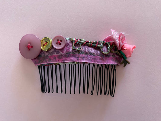 Original Festival Wear Style Black Metal Hair Clip Comb - Hot Pink Paisley Steampunk with Rose and Buttons