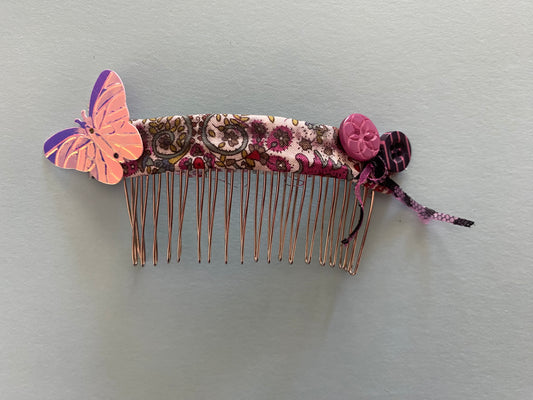 Original Festival Wear Style Gold Metal Hair Clip Comb - Paisley Pink Butterfly Buttons Cute