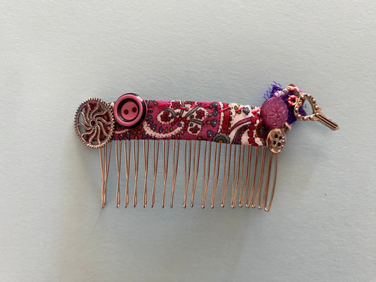 Original Festival Wear Style Silver Metal Hair Clip Comb - Silver Pink Purple Paisley Steampunk