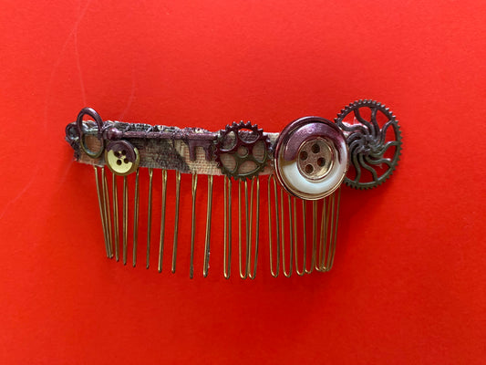 Original Festival Wear Style Gold Metal Hair Clip Comb - Mauve Purple Tapestry Steampunk