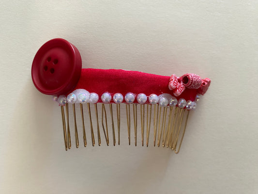 Original Festival Wear Style Gold Metal Hair Clip Comb - Rich Red Polka Dot Pearl Fancy