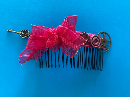 Original Festival Wear Style Black Metal Hair Clip Comb - Hot Pink Lace Black Steampunk with Bow